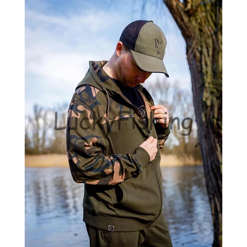 FOX LW Khaki/Camo Split Zip Hoody-Cipzáros Kapucnis Pulóver - S