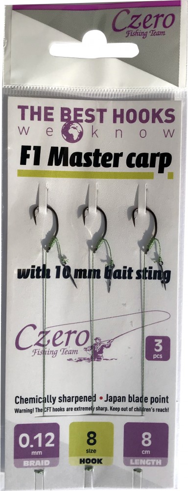 F1 Master carp 12 Előkötött Feeder Horog Csalitüskével 10mm Fonott zsinór: 0,10 8cm 3pcs.